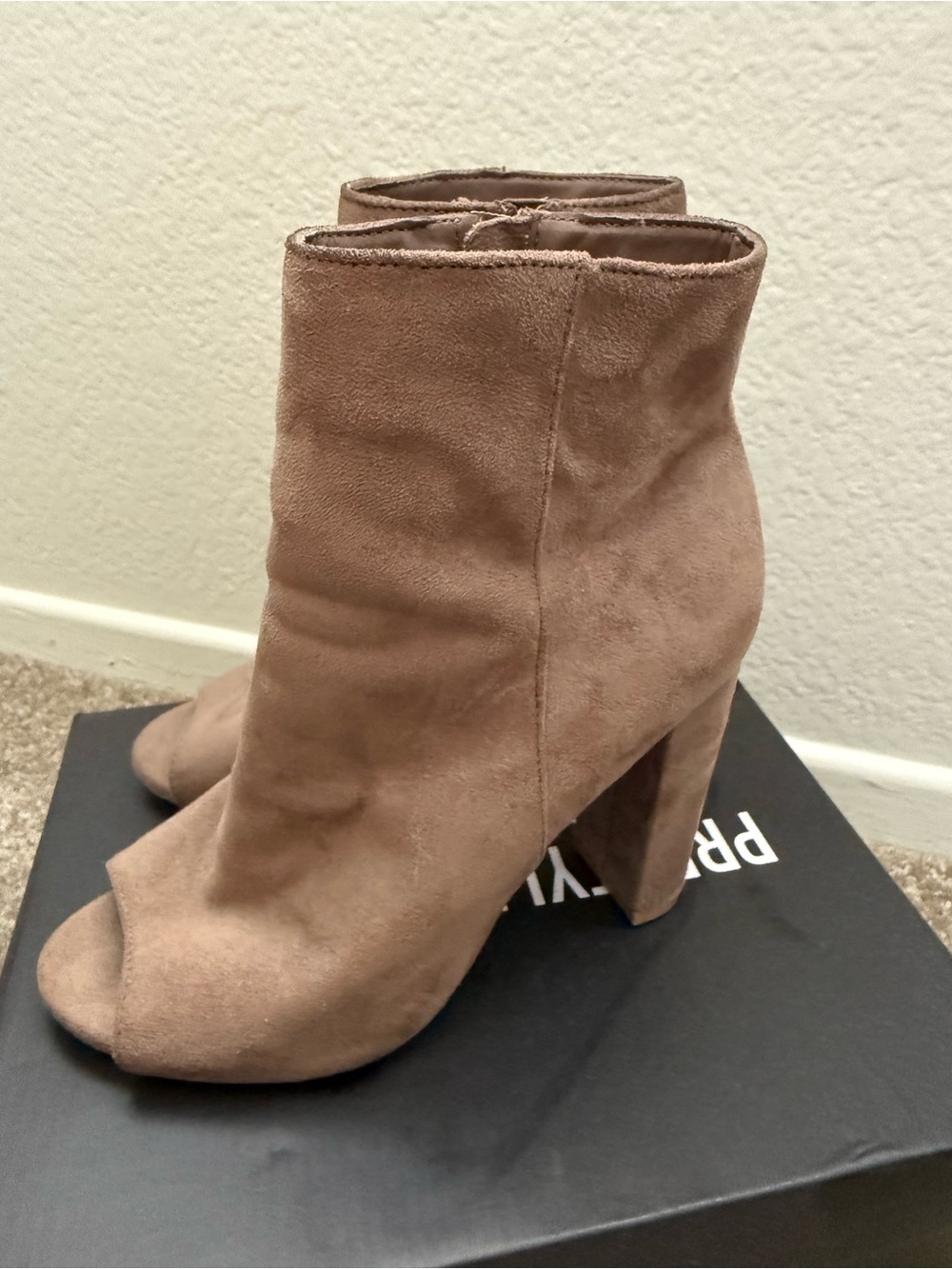 Suede Open-Toe Block Heel Ankle Boots - Taupe